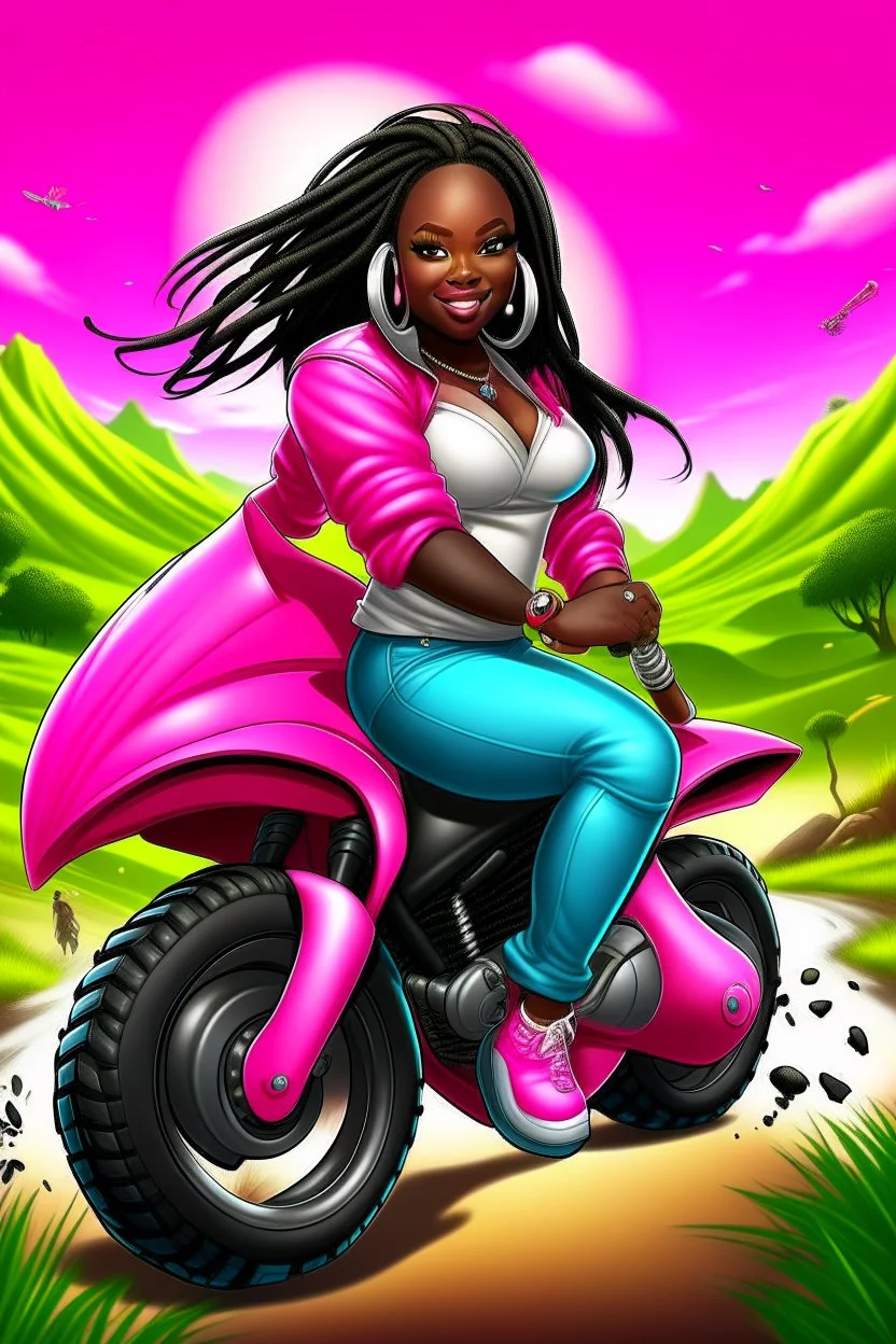 Create a digital airbrush cartoon of a curvy African American female wearing tight white jeans and a off the shoulder hot pink blouse. She is also wearing timberland boots. Prominent make up with hazel eyes. Highly detailed very long extremely braids of black hair. Her skin is smooth and silky. Background of a track of ATV riders.