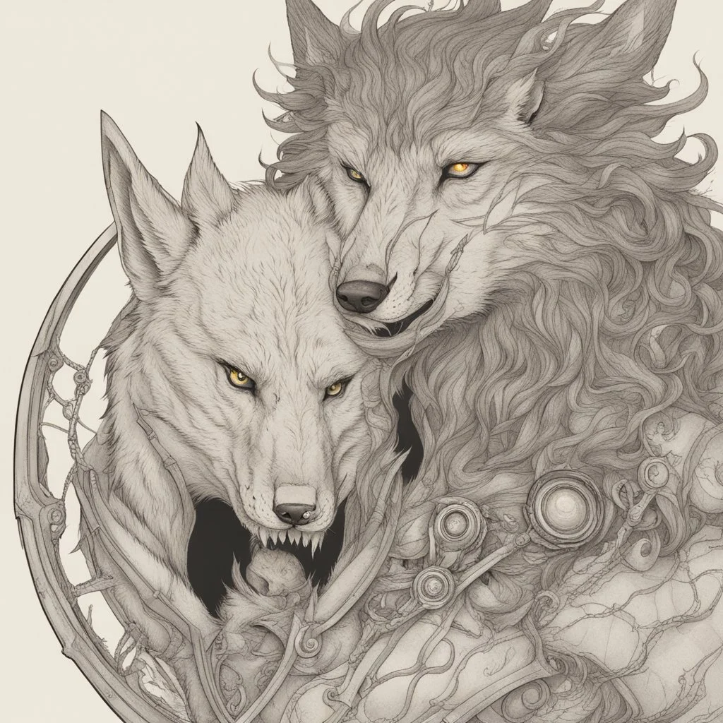 A terrible creature with a wolf's head and a human body,A shield made of fire and magic and the galaxy