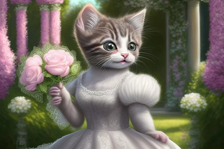 an anthropomorphic, kitten bride happily throwing a bouquet in a beautiful garden. The kitten has fluffy fur in shades of light brown and grey with distinct tabby markings on its face. Its large, expressive eyes are a deep emerald green and it has a small, pink nose. The kitten is wearing embroidered white lace bride dress, tulle, gemstones, pearls, adorning the hem and bodice. Behind her, a celebrating crowd, cats and people dressed in elegant clothes, wedding food and cake on the tables. Behin