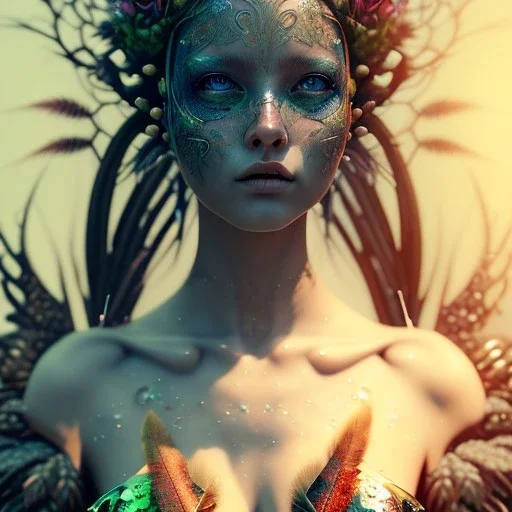 Portrait of beautiful girl, plant, metal, feathers, Dryad, fae, sidhe, ominous, nature, plants, wildflower, facepaint, dnd character portrait, intricate, oil on canvas, masterpiece, expert, insanely detailed, 4k resolution, retroanime style, cute big circular reflective eyes, cinematic smooth, intricate detail , soft smooth lighting, soft pastel colors, painted Renaissance style,bokeh, 800mm lens