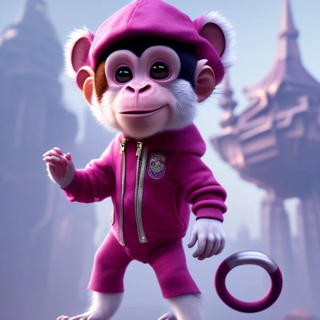 pixar style anamorphic cute monkey baby,gangsta silver neckless, wearing hat, full body, magenta puffer jacket, manila city backdrop, dramatic lighting, hyper-realistic, unreal engine 5, 16k. full detailed,