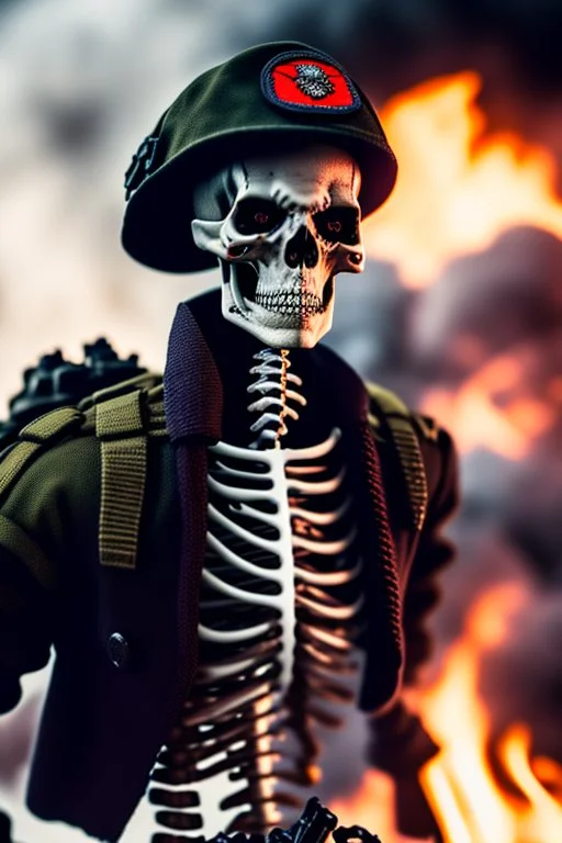 ultra high definition image of an attractive but scary looking skeleton, rising from the ashes, a war veteran, partially humanlike characteristics, army beret and ripped amo wear, very detailed, chaotic background, dramatic close-up action shot of him on a burned out war tanker with a torpedo on shoulder ready to fire and ammo ,gothic and dark theme, 12k