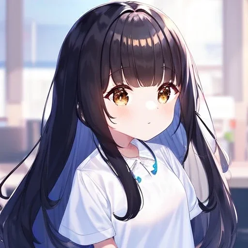 Clear focus,High resolution, Black long fluffy hair, and brown eyes, wearing a blue shorts,white shirt, Loli