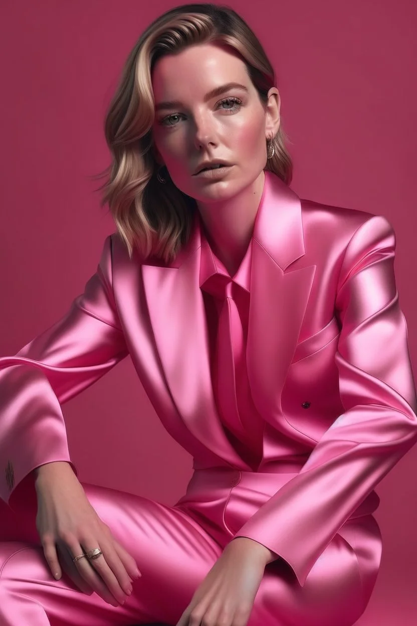 hot woman in pink satin suit