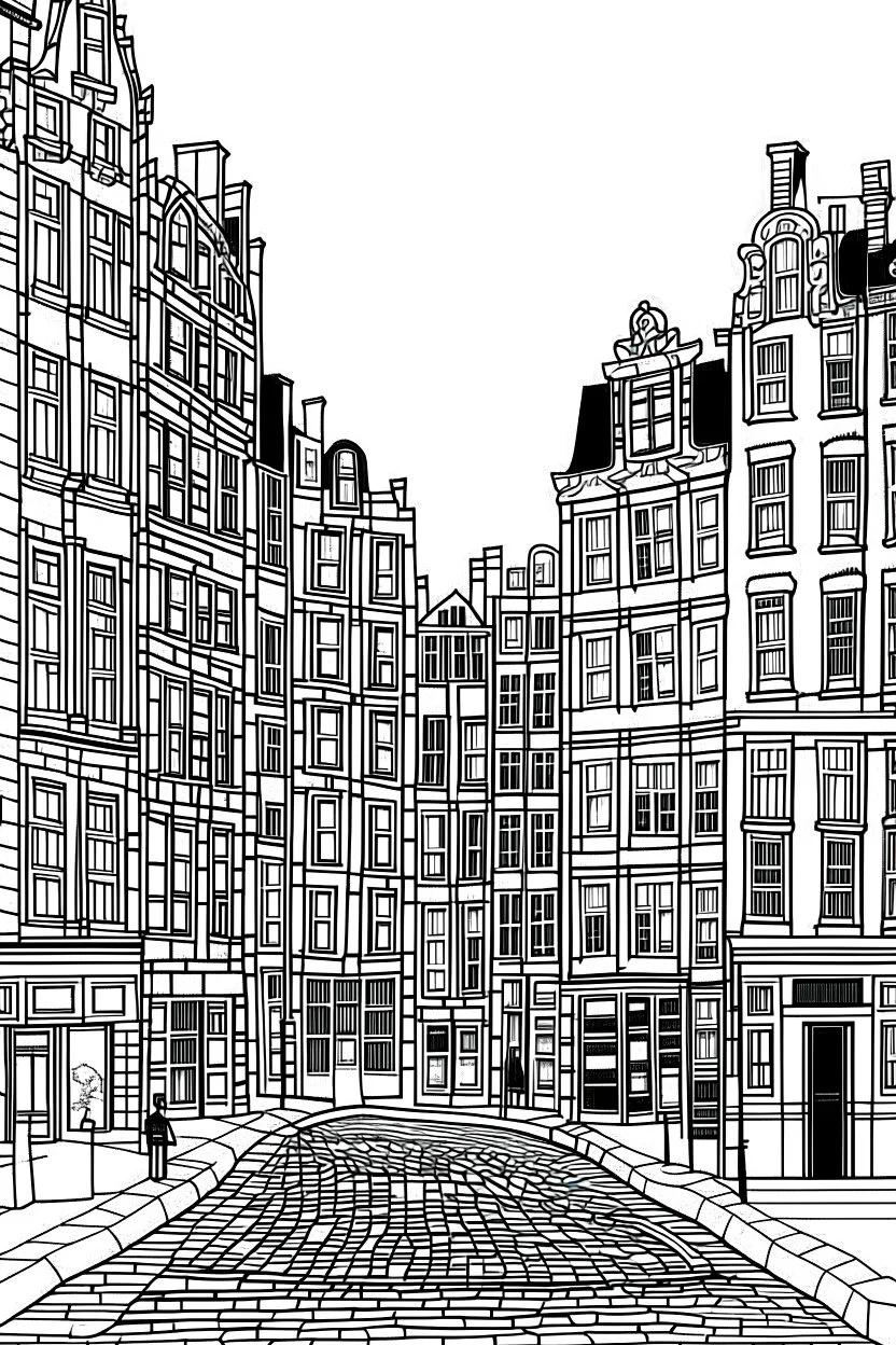 outline art for Amsterdam street for adults with Amsterdam street , white background, Sketch style, only use outline. clean line art, no shadows and clear and well outlined, many Patterns and Detailsls