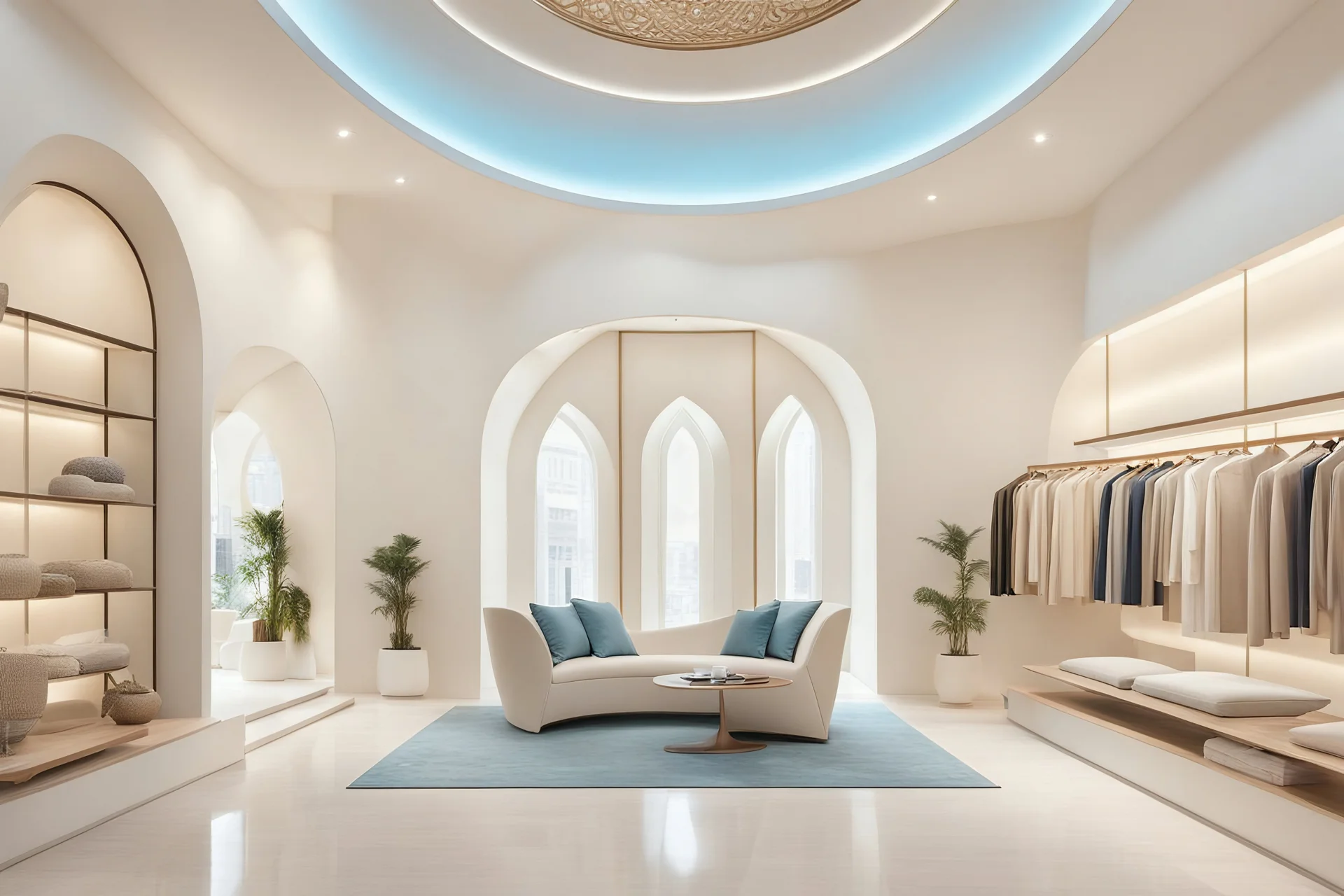 a modern minimalist luxury clothing store with limestone persian arc windows and displays, islamic pattern details, white-beige furniture, baby blue walls, lots of natural light