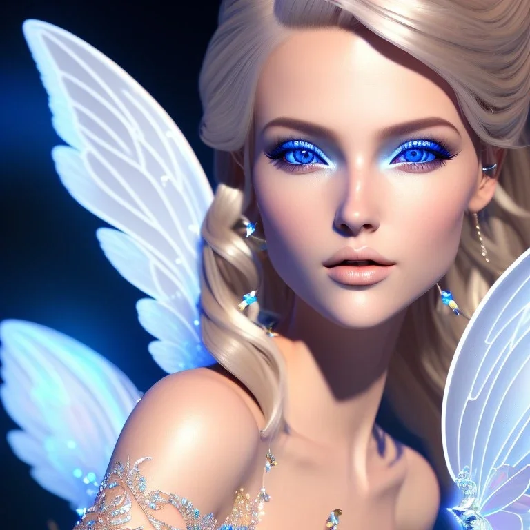 beautiful blonde fairy, blue eyes, in a magical ambiance, transparent wings, delicate colors, finely tuned detail, ultra high definition, 8 k, unreal engine 5, ultra sharp focus