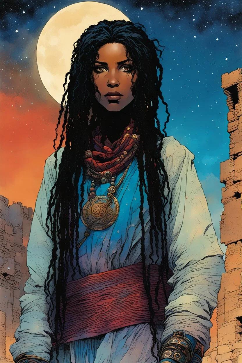 create an imaginative illustration of a Tuareg female, in traditional dress, with finely detailed facial features, short dreadlock hair, in the ruins of Djemila under the midnight sky, in the comic book art style of Bill Sienkiewicz, Mike Mignola, and Jean Giraud Moebius, finely textured, drawn, colored, and inked