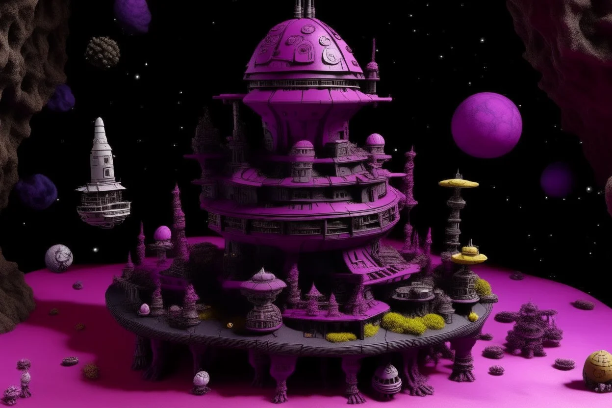 A dark magenta space station in a galaxy made out of toys designed in African pottery painted by Caspar David Friedrich