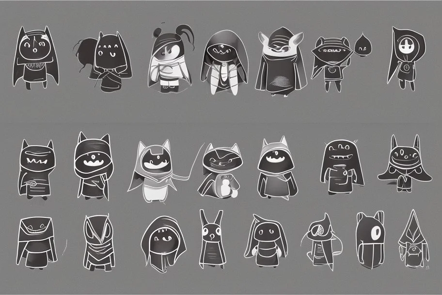 6 simple shaped hand drawn cartoon characters that are cute dark and have hoodies