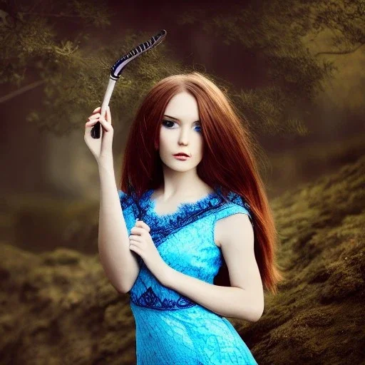 sourceress girl, beautiful, model, blue intricate lace dress, elf like, hands in her hairs, holding a wand, high definition, cinematic, avatar