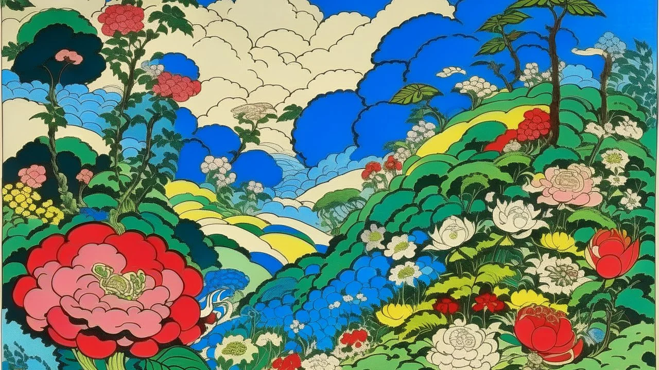 An illustration by Kuniyoshi and Matisse of a landscape of blooming flowers and lush vegetation.