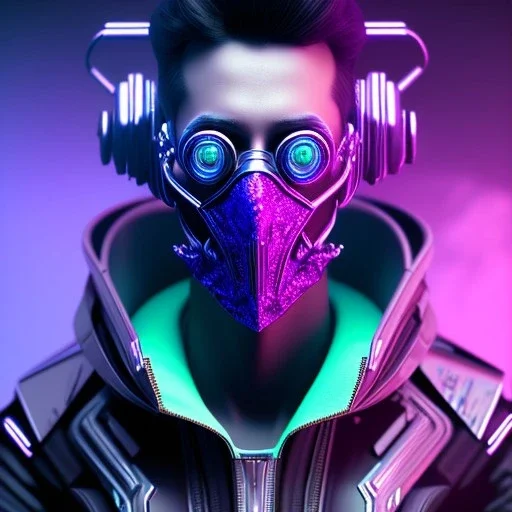 cyberpunk purple masked villain in galaxy, teal and purple smoke, detailed, realistic, 4k