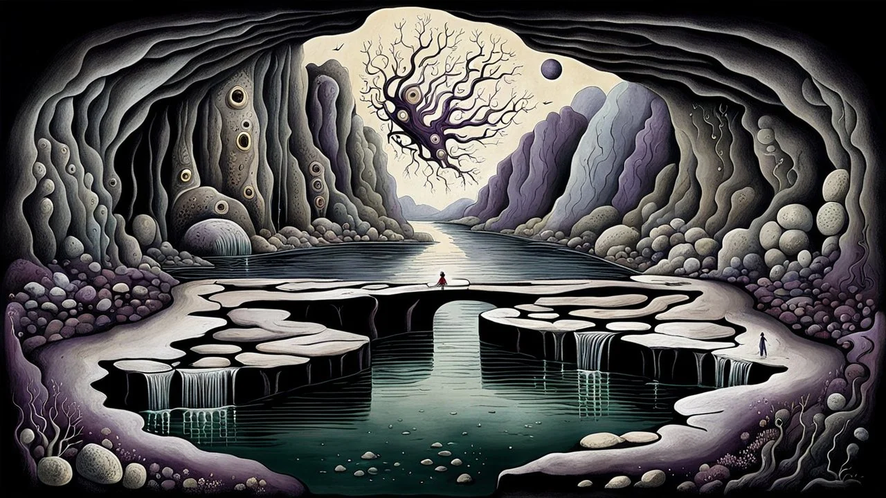 painted inner world with uncontrolled mind and neurodivergens soul, floating rocks over surreal cracked weird landscape . between two dark door one stone bridge over black river, . deep dark purple, gray, black, white, brown, malachit, cream color. Whimsical strange style of Chagall, of Quentin Blake, andYoshitaka Amano of Anton Semenov. No people in picture, weird absurd beauty nightmare, black shadow, in background neuronic network, surreal vibe,