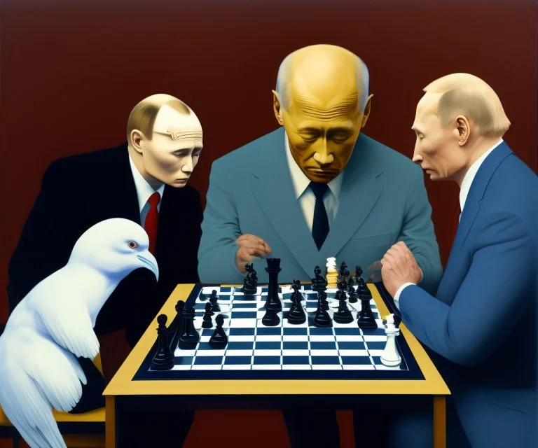 Putin, President Xi Of China And Joe Biden Play Chess With A Pigeon,Ufo,Complex Surgical Instruments,A Newborn Boy,Minimalism,Painting By Lucian Freud,Rene Magritte,Adrian Ghenie,Michelangelo,Salvador Dali,Pablo Picasso