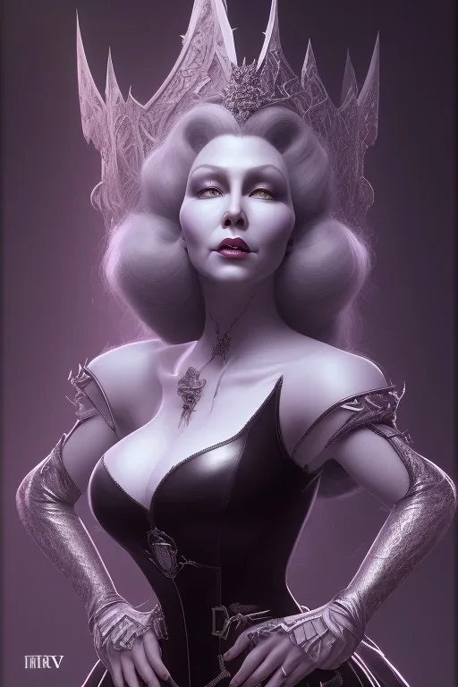 Mae West as evil queen in black leather, leather, busty, cleavage, angry, stern look. character design by cory loftis, fenghua zhong, ryohei hase, ismail inceoglu and ruan jia. unreal engine 5, artistic lighting, highly detailed, photorealistic, fantasy