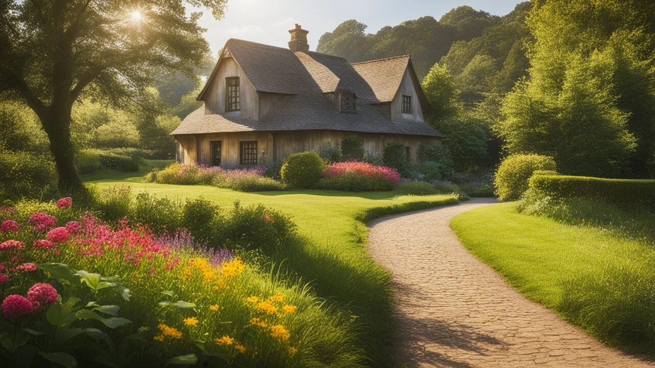 Beautiful realistic rural landscape, warm sunshine, lush plant growth, flowers, arts-and-crafts house, brook, peaceful, delightful, idyll, award-winning photograph, detail, beautiful composition, attractive colour, chiaroscuro, rule of thirds