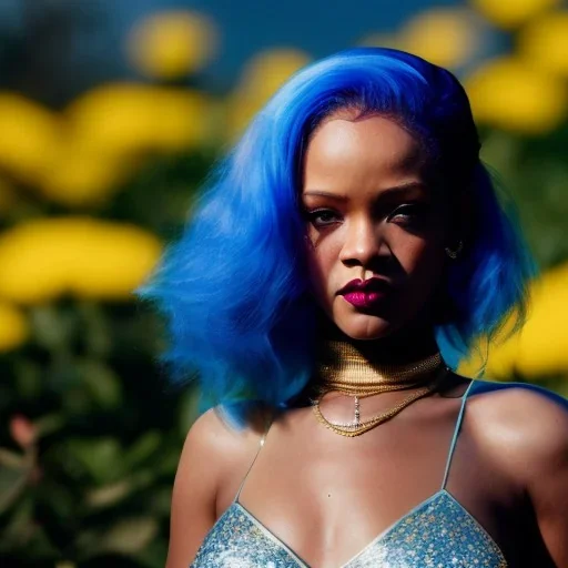 Rihanna as smurf with yellow flowers for hair,zoom eyes, closed eyes, rtx, reflection, 8k, glow, winning photography, caustics