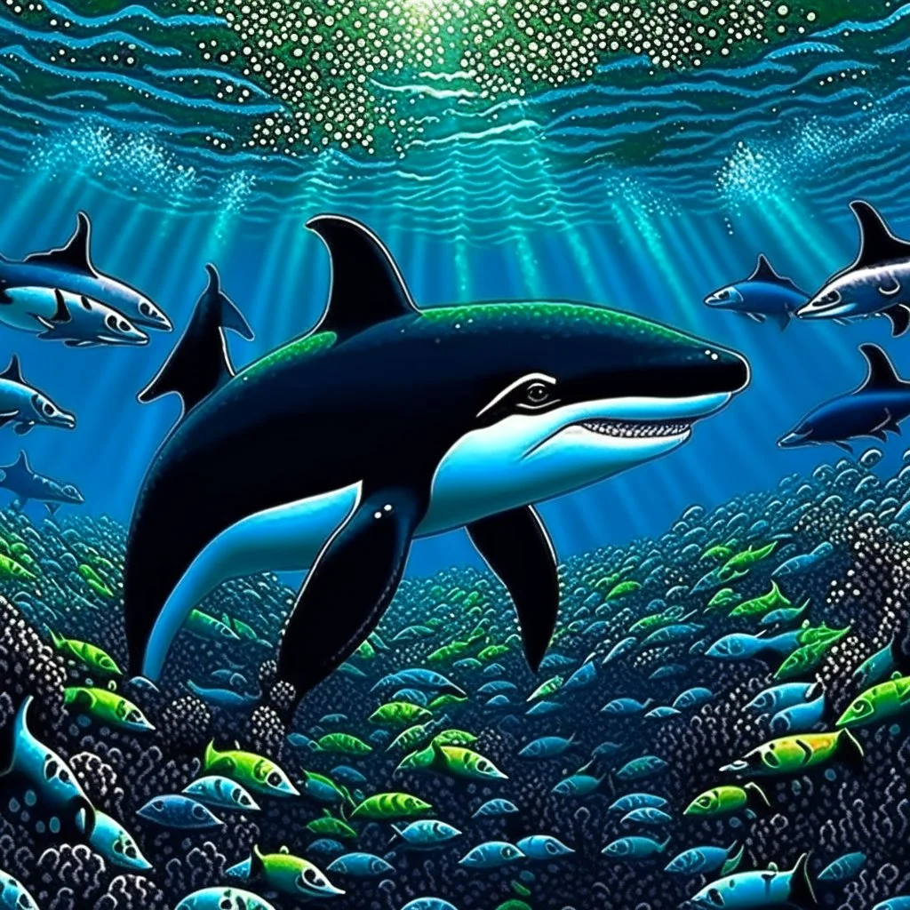 a very detailed orca in the ocean surrounded by a school of little fishes. Realistic, underwater world, enchanting, dangerous.