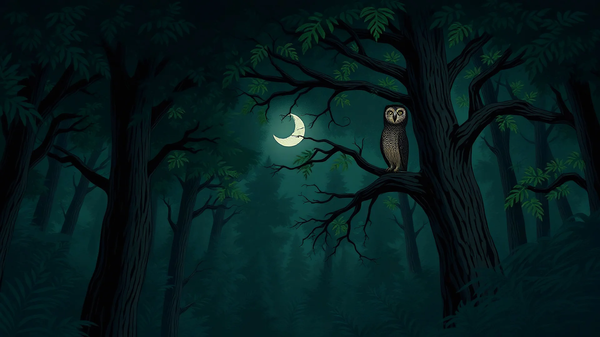 Make a night scene where dense forest is there and one owl is there in a tree make it horror type make carttoon