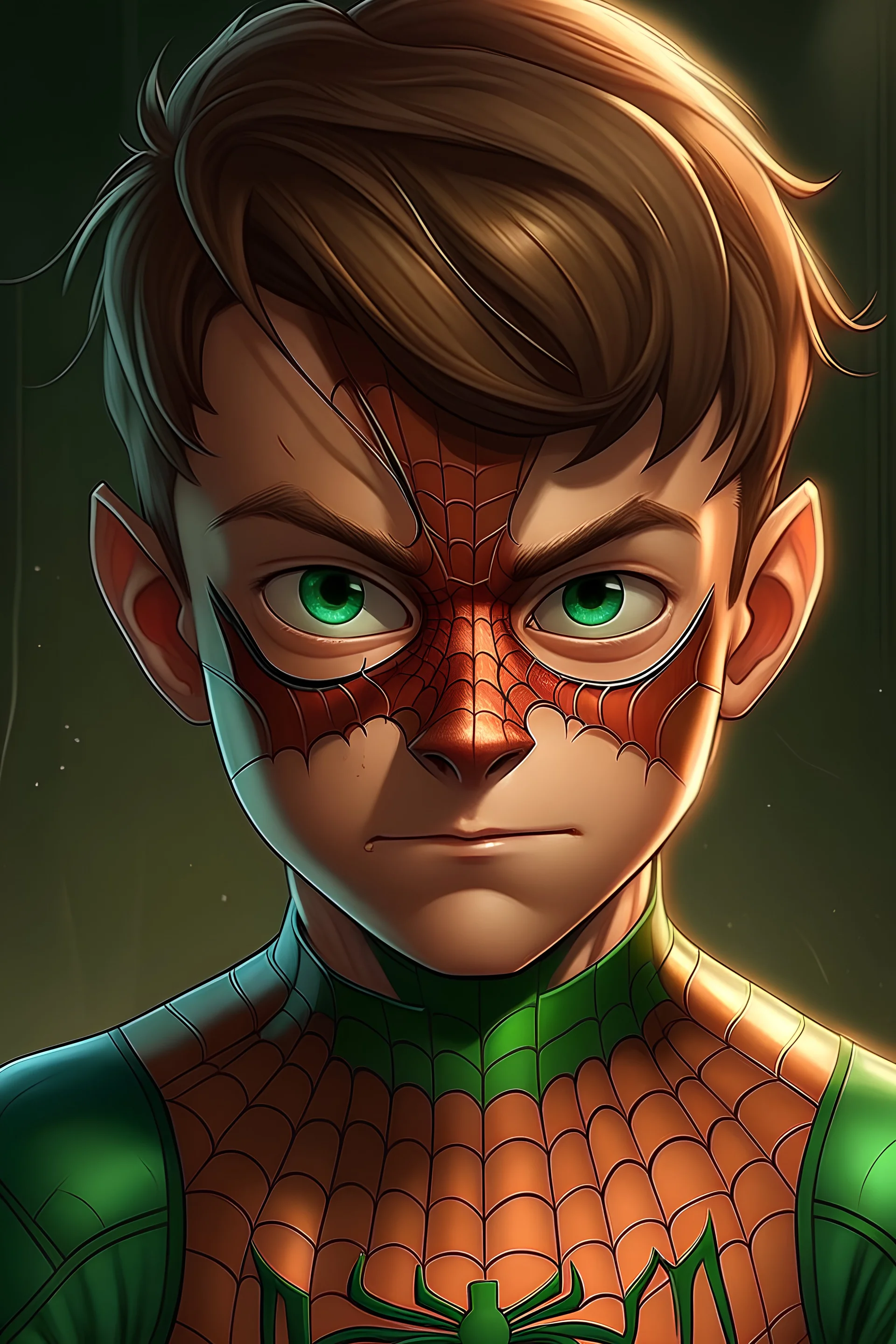 Marvel Quimick is a brown boy with green eyes and He wears a Spider-Man costume He has sleepy eyes