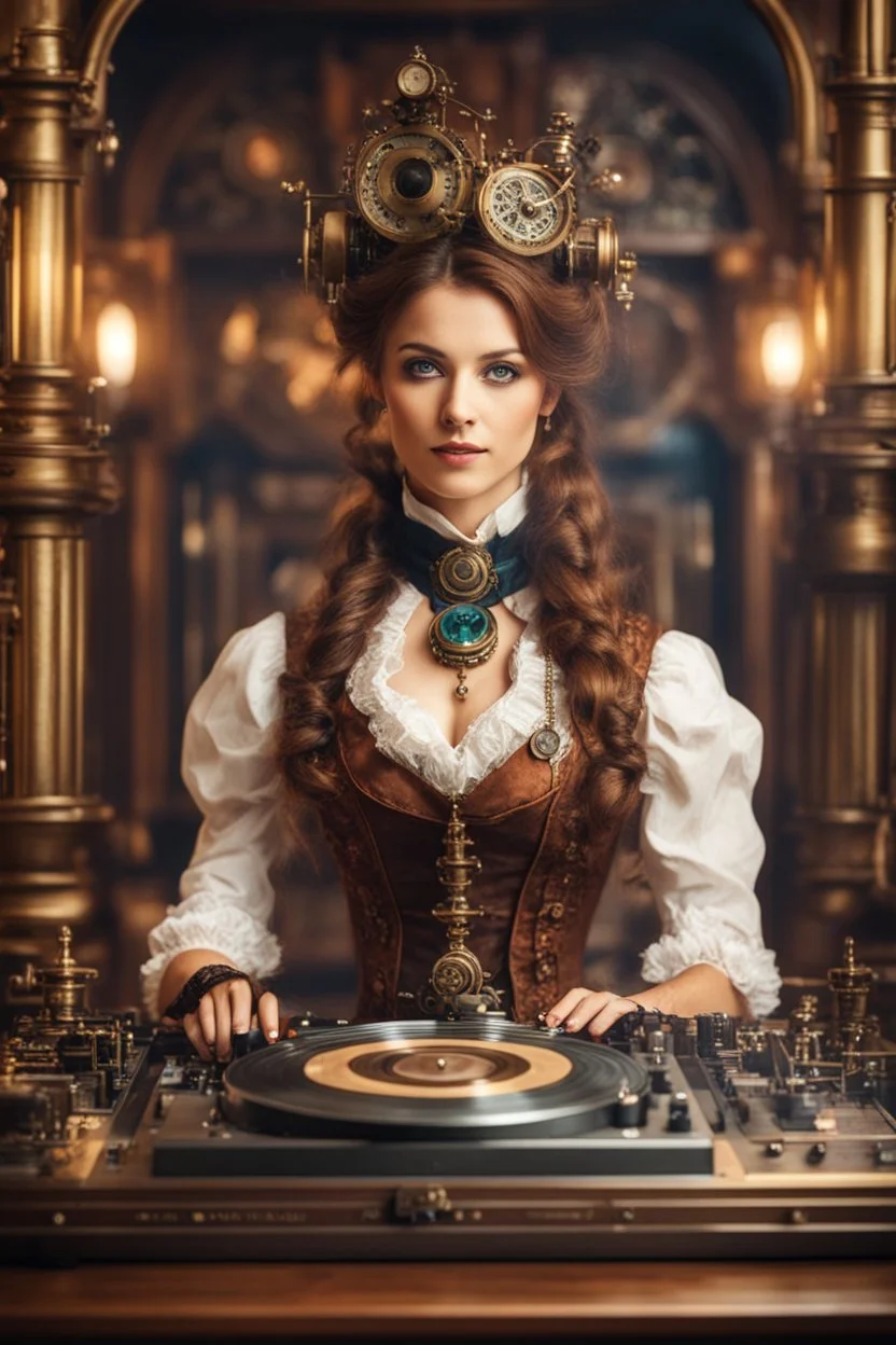 Front view Photography Ultra Realistic HD Natural Beauty Steampunk classic Victorian woman as dj player, chromatic aberrations, establishing shot, tilt-shift effect