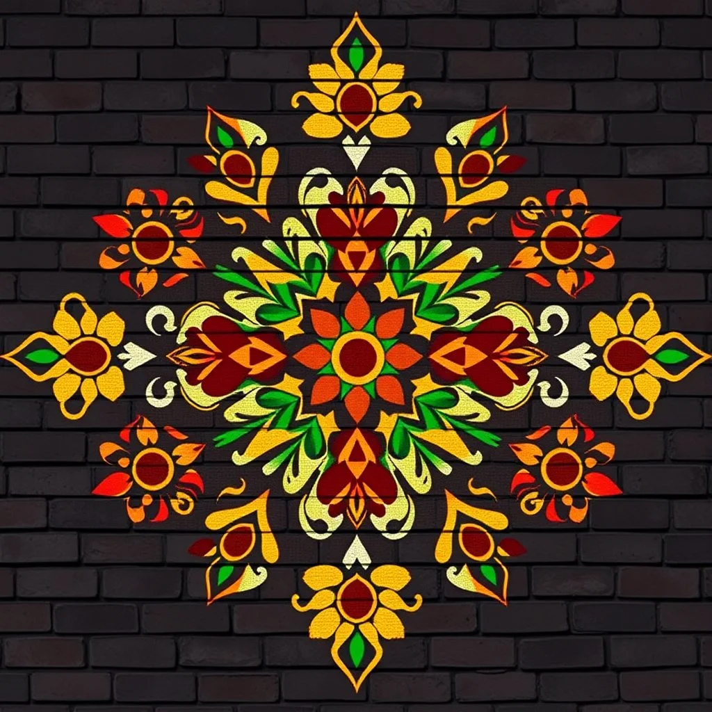 Symmetrical Looking Colorful Pakistani Cultural Art Pattern With Traditional Looking Floral Patterns Drawn (Using Colors Like: Golden, Orange, Maroon, Green and Brown) On A Dark Brick Wall Background.