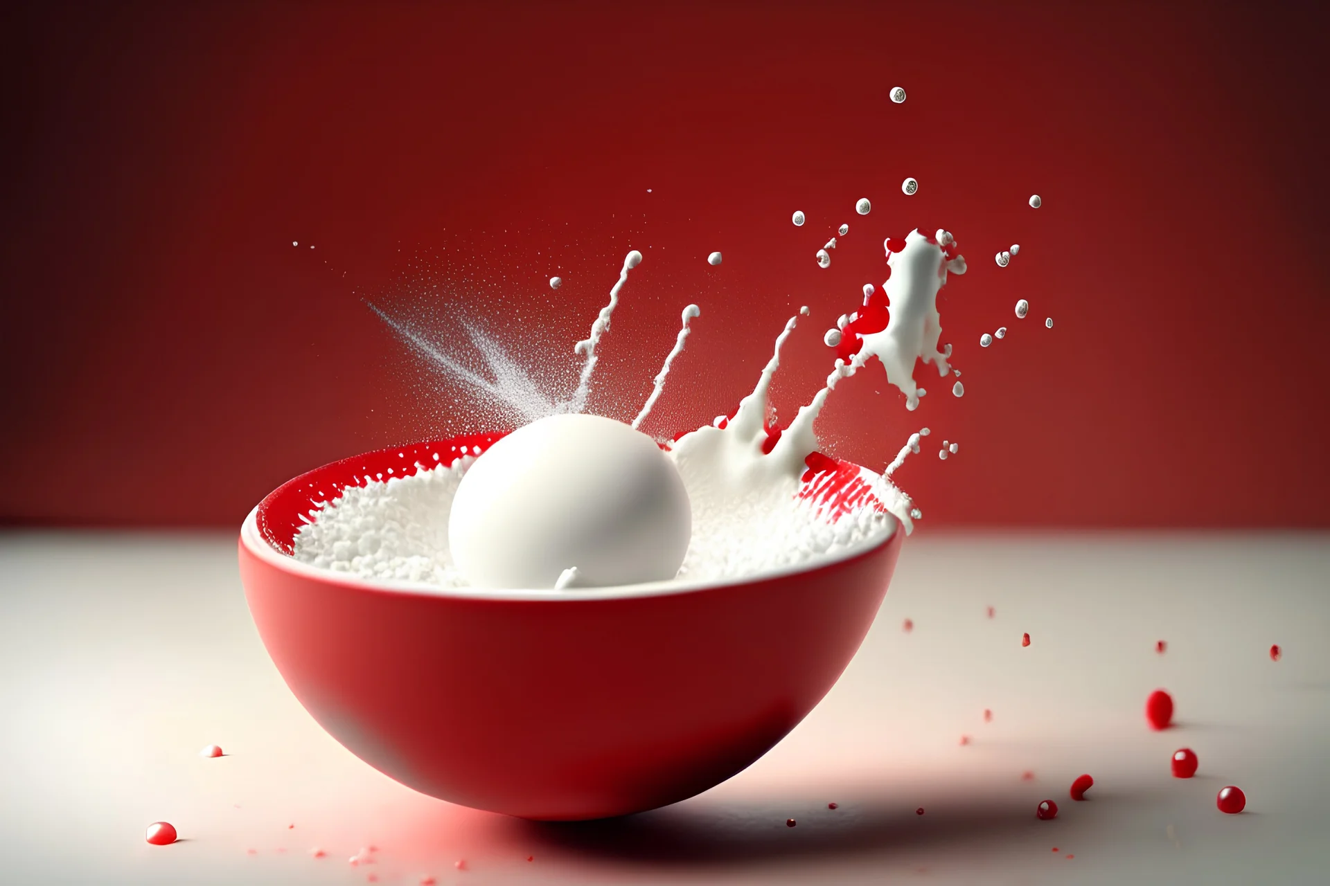 a highly detailed cinematic photograph of a single small red ball falling down in a bowl of milk