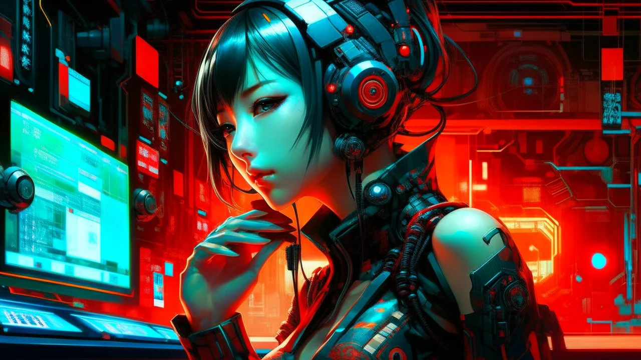 A digital painting by Kuniyoshi and Kandinsky of tech hot cyborg girl inside a futuristic matrix.