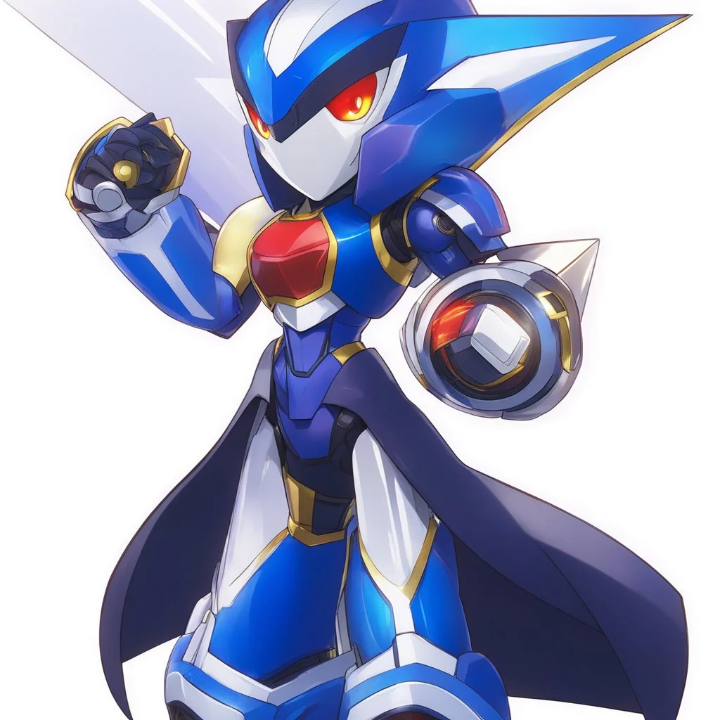 A sleek robotic warrior blending Neo Metal Sonic and Mega Man Zero. The design features Zero's red color scheme, with gold accents on shoulders, chest, and gauntlets, plus white highlights on the limbs. The aerodynamic body combines Neo Metal Sonic's sharp, angular edges with Zero's humanoid proportions. A glowing green plasma saber is held in one hand, while an energy cannon adorns the other. The helmet merges Zero’s crest and gem centerpiece with Neo Metal Sonic's spiked crown.