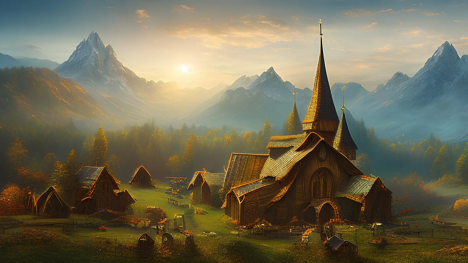 New round cylindrical enormous wooden church with cone-shaped roof in rural surroundings, and mountains in the far distance, highly detailed, realistic, sunshine, RTX