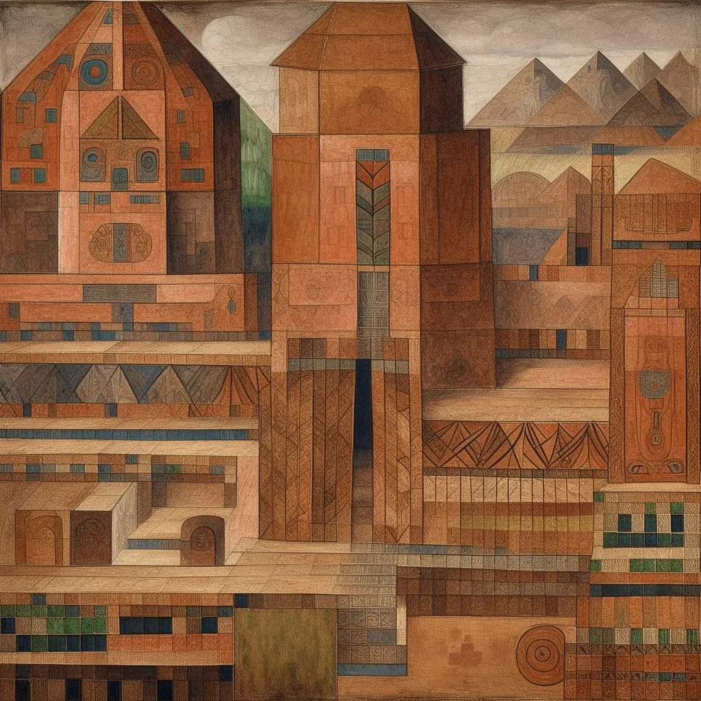 A brown underground mining factory designed in Mayan architecture painted by Paul Klee