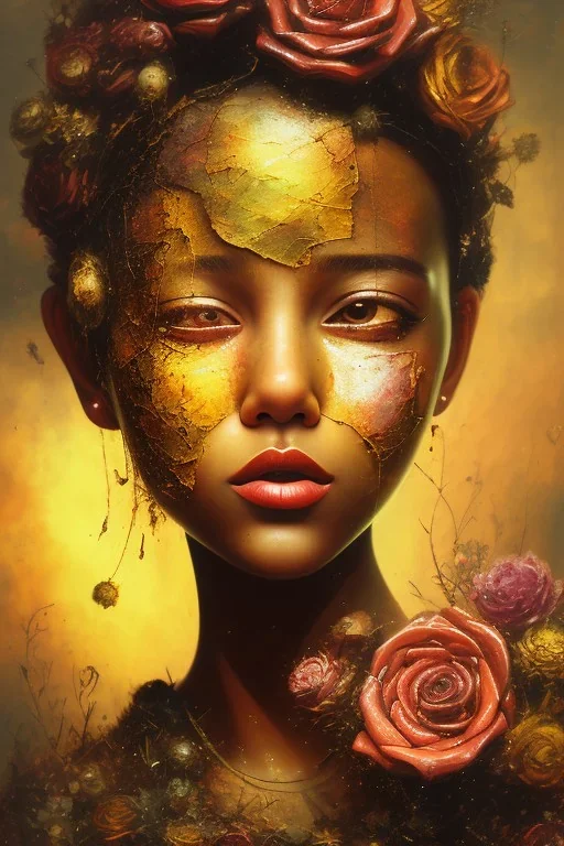 an abstract painting of rusted metal and flowers, sun set little goddess girl crying portrait, rust, scaffolding, iron cladding, decay, mixed media, textured, anatomically correct, beautiful perfect face, sharp focus, highly detailed