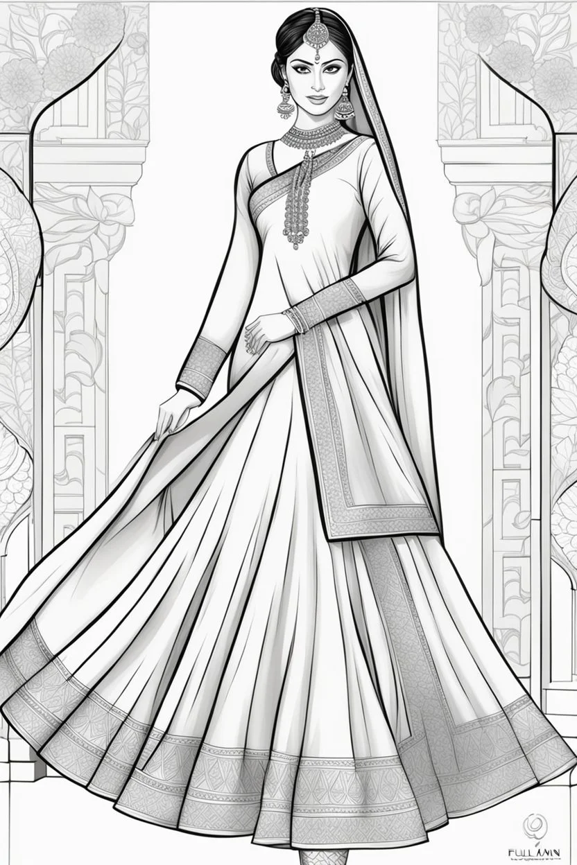 Coloring page for adults of a elegant fashion model woman wearing hindi dress, dynamic poses, full body portrait, thick and clean lines, clean details, no-color, no-turban, no-background, non color, non shading, no-grayscale, dynamic poses, full body portrait, thick and clean lines, clean details, no-color, no-turban, , non background, non color, non shading, no-grayscale, no color hair