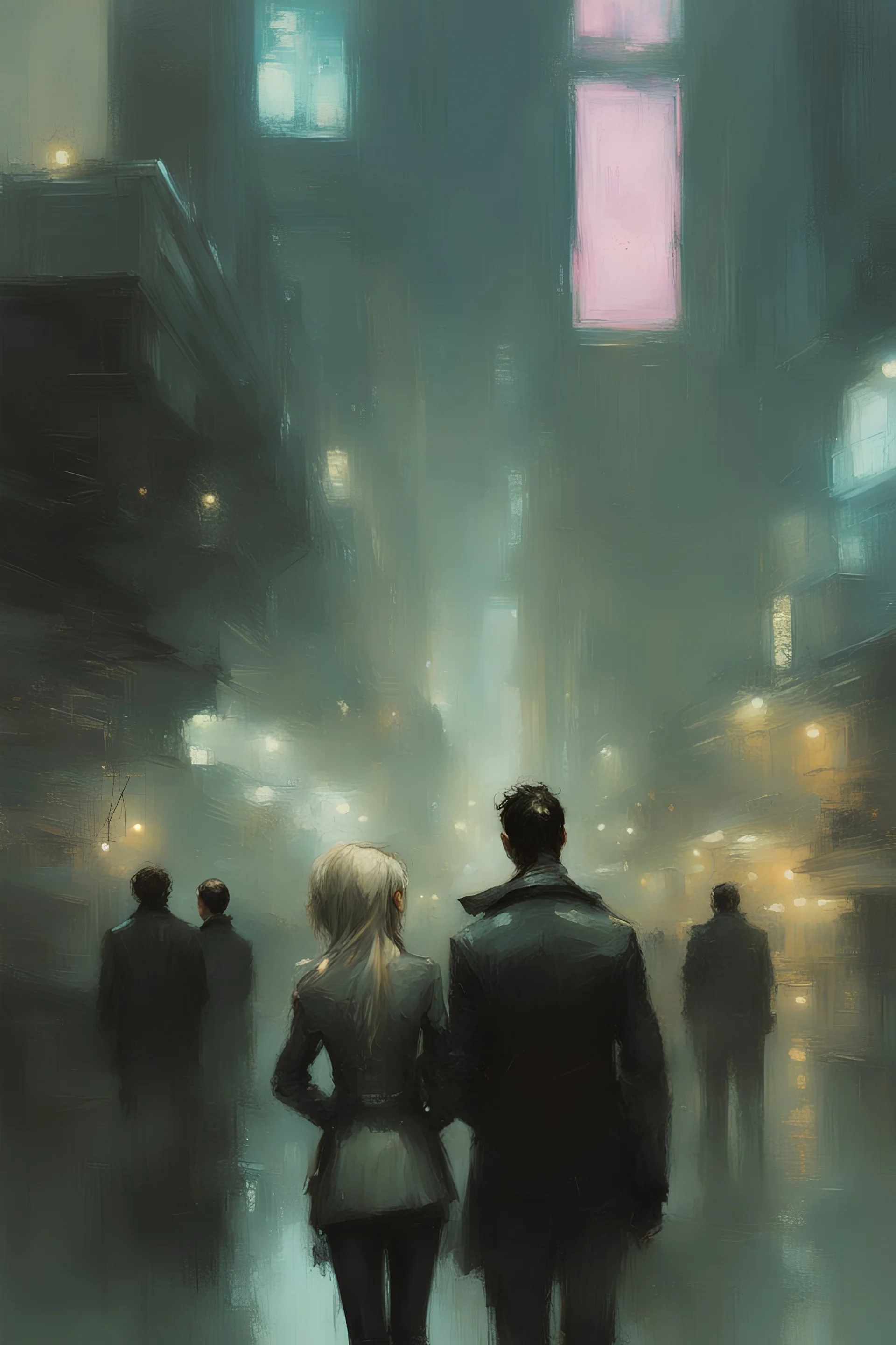 Virtual (((girl & man))) opposite each other, Cyberpunk, by Jeremy Mann