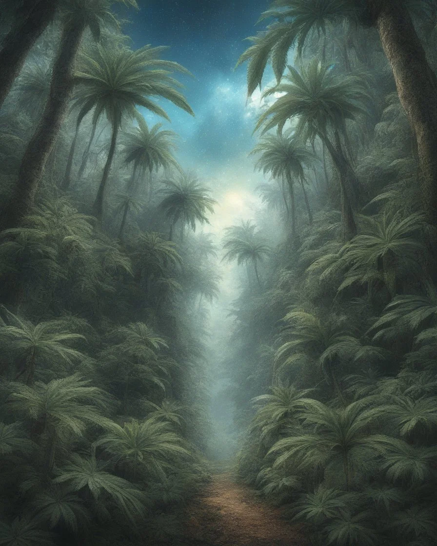 Forest of giant cannabis plants in a tropical setting, beautiful fantasy landscape, realistic and natural, cosmic sky, detailed full-color, nature, hd photography, fantasy by john stephens, galen rowell, david muench, james mccarthy, hirō isono, realistic surrealism, elements by nasa, magical, detailed, alien plants, gloss, hyperrealism