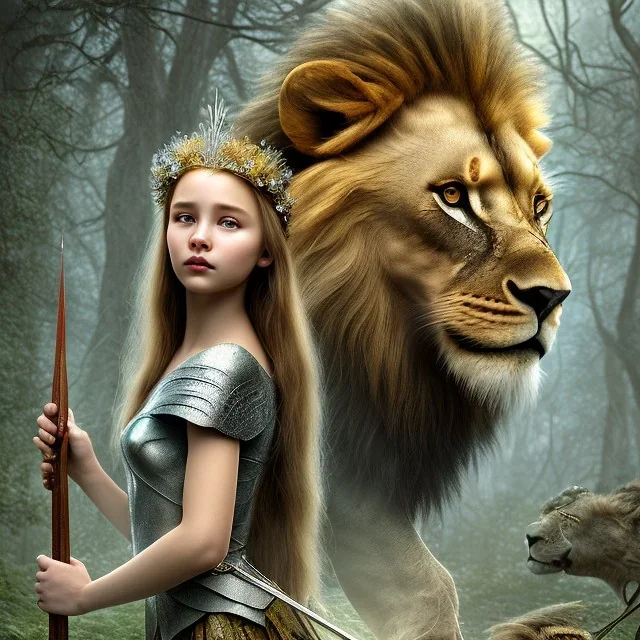 Young beautiful girl with floral crown standing next to a stunning lion on nature forest path, Chronicles of Narnia, 8k resolution, high-quality, fine-detail, iridescent, intricate, digital art, detailed matte, volumetric lighting, beautiful, illustration, 3D octane render, brian froud, howard lyon, selina french, anna dittmann, annie stokes, lisa parker, greg rutowski,