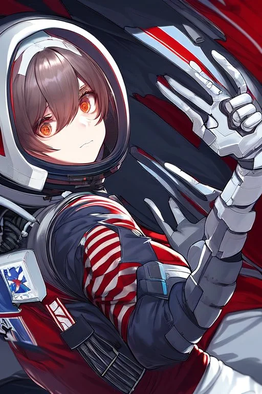 A close up of a skeleton face looking at the camera from a mysterious side view. Deep bony features and inside the hollow eyes are red shining lights, scary. Dressed in an astronaut suit floating in space. On his suit is an American flag and in his one hand is a small wavering American hand flag. From the back of his suit is blowing out blue, white and red smoke. Realistic, 8k, highly detailed, funny