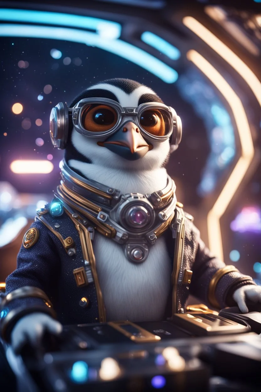 pen outline, really macho pimp gremlin penguin captain that go hard sitting in space station cockpit , in front of space portal dimensional glittering device, bokeh like f/0.8, tilt-shift lens 8k, high detail, smooth render, down-light, unreal engine, prize winning