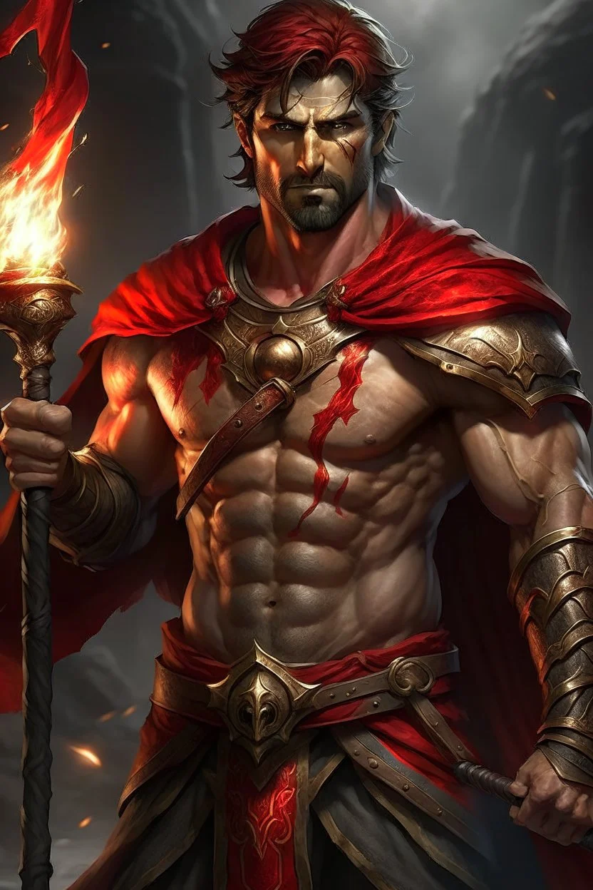 Jack, the daring gladiator with a torch, is a young and muscular man with a well-defined physique.ack is often seen wearing a gladiator's attire, complete with a leather loincloth, bracers, and sandals. His chest is bare, displaying his well-earned scars from many battles. A red cape drapes over his left shoulder, symbolizing his fearless spirit in the arena.Jack's skin is tanned from countless hours of training in the arena., shot on Hasselblad h6d-400c, zeiss prime lens, bokeh like f/0.8, tilt