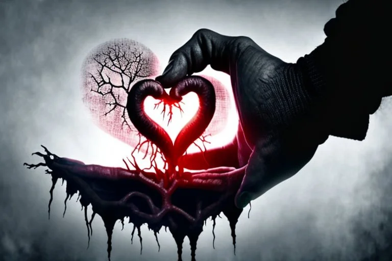 A black hand violently gripping a human heart inside an open human chest, squeezing all blood out of it, foggy, surreal