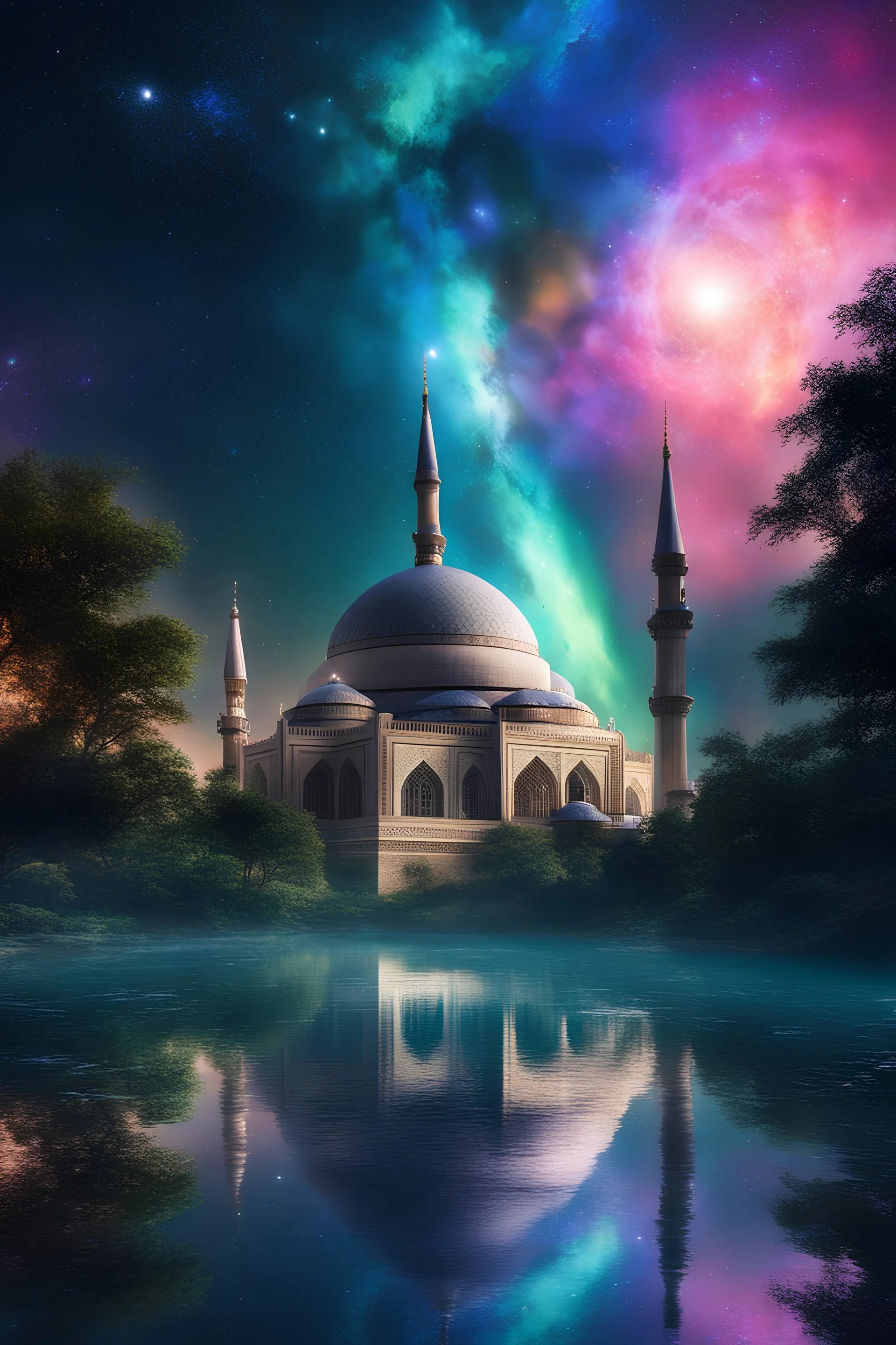 the night sky turned from the galaxy, space, futuristic Islamic Mosque surrounding ethereal space, cosmos,Aurora colors,water, panorama. Palace , Background: An otherworldly planet, bathed in the cold glow of distant stars. gloomy landscape with l dramatic hd highlights detailled