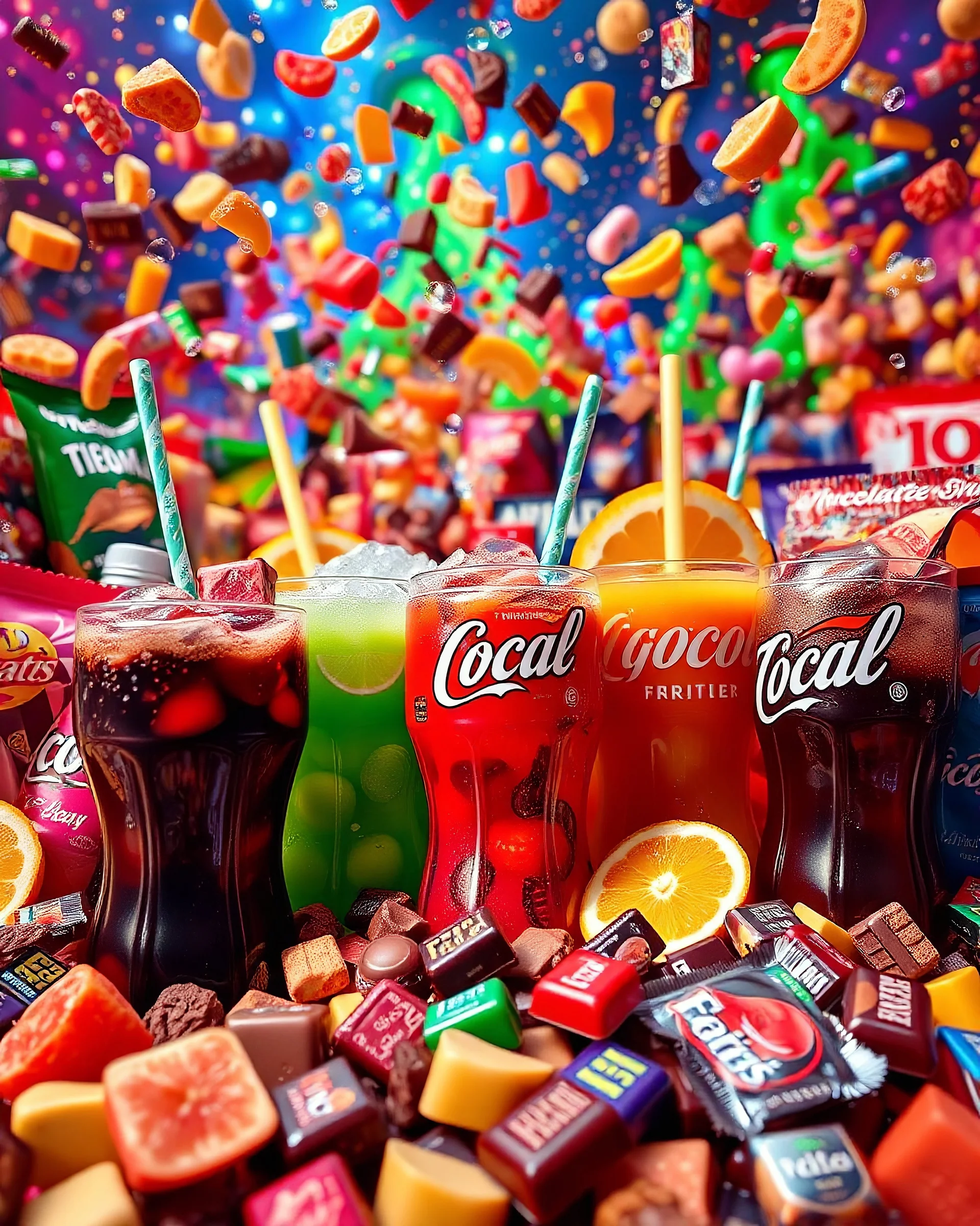 An image filled with soda, chocolate, fruit juice, fruit pieces, and all kinds of chocolates from global brands in a psychedelic, colorful, and eye-catching atmosphere.