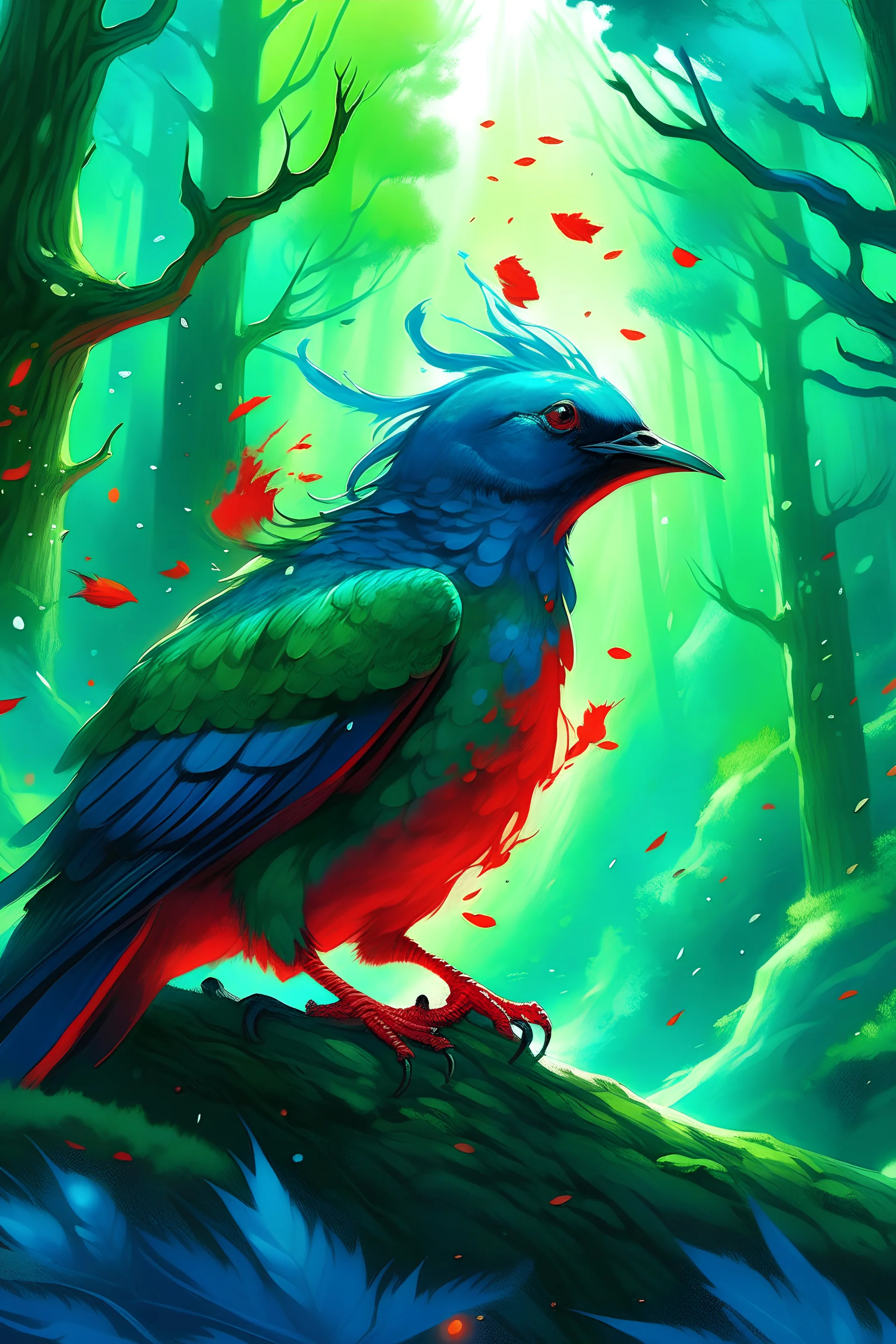 a big fierce blue and green bird breathing red dots in a forest on a tree with fire in the backround