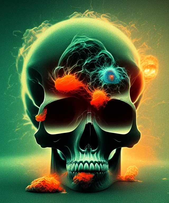 broken skull. black background. smoke and explode. particles in air. teal and orange. abstract. beksinski.