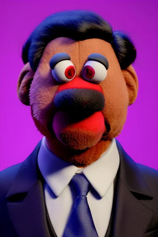 Waist up muppet Portrait, Xi Jinping as muppet doll, black suit and red tie, photo studio, blue background, unreal engine 5, concept art, art station, god lights, ray tracing, RTX, lumen lighting, ultra detail, volumetric lighting, 3d.