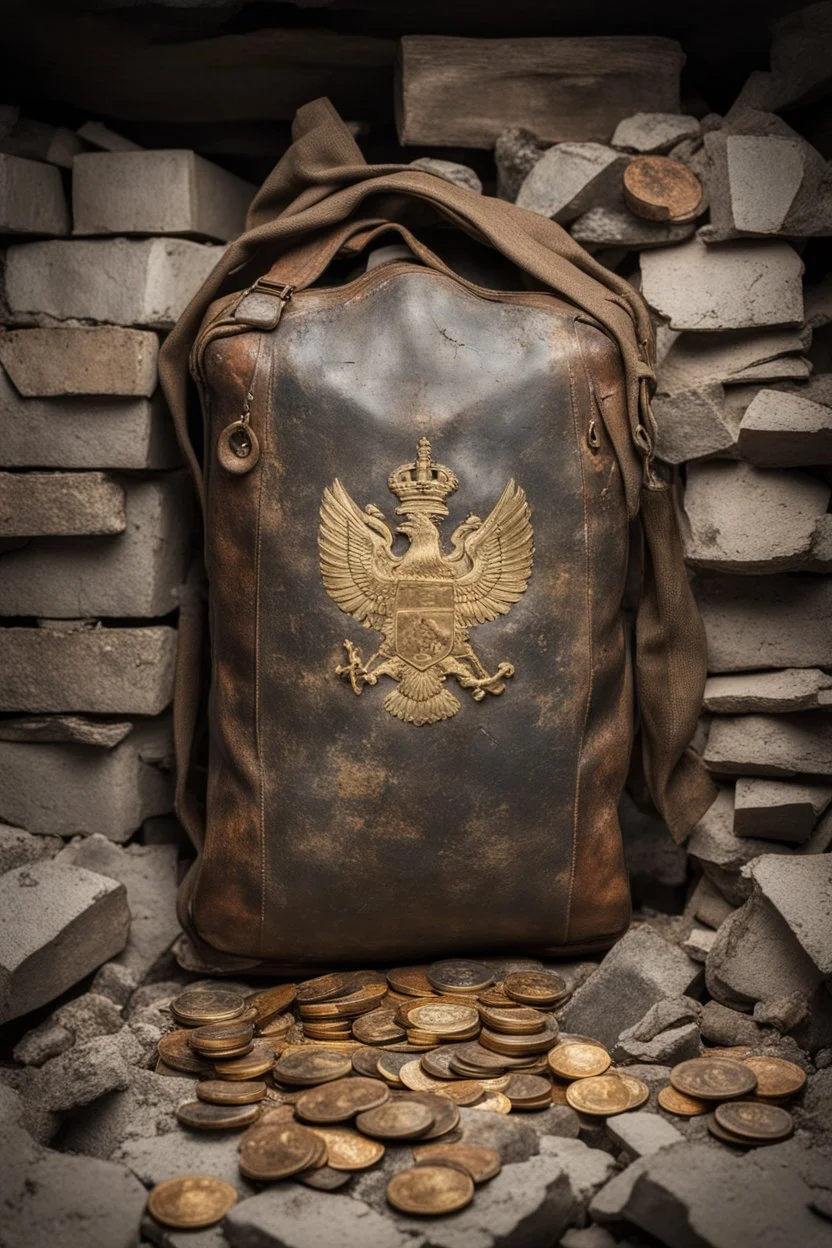 in a LARGE BASEMENT, half-buried in the earth, an ancient, worn-out, worn-out, torn-side valise peeks out, from which gold coins from the time of Catherine the Great fall out. The ancient coat of arms of Russia, the double-headed eagle, is BARELY VISIBLE on the bag. There are a lot of broken bricks and earth around the bag. All in high quality 8K