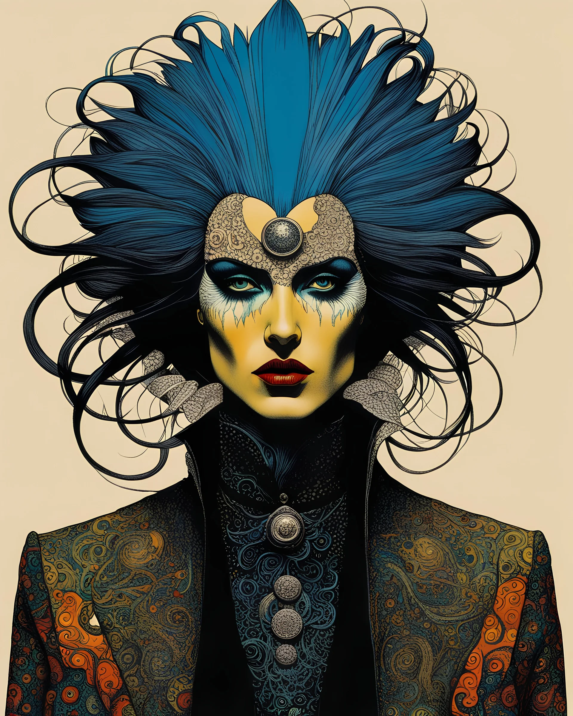 Jean- Giraud Moebius, Max Ernst, and Ravi Zupa, surrealistic Vogue style fashion, ink oil portrait illustration, (full body, close up, shot:1.6), avant garde haute couture, goth vampire girl with highly defined hair and facial features, black mascara, broad brushstrokes, energetic, highly detailed, boldly inked, vivid chromatic color, ethereal, otherworldly