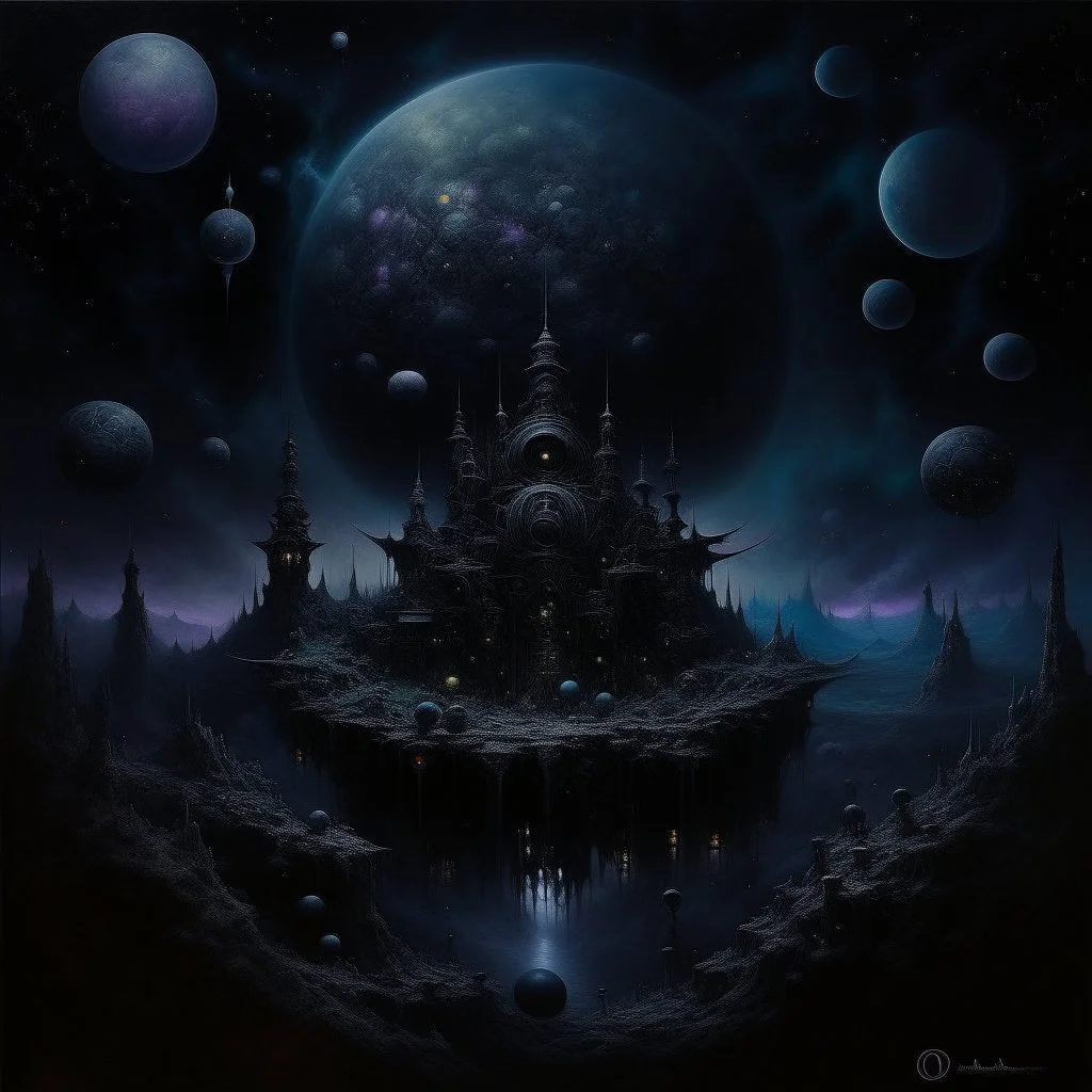 A purplish black shadow moon empire in outer space painted by Qiu Ying