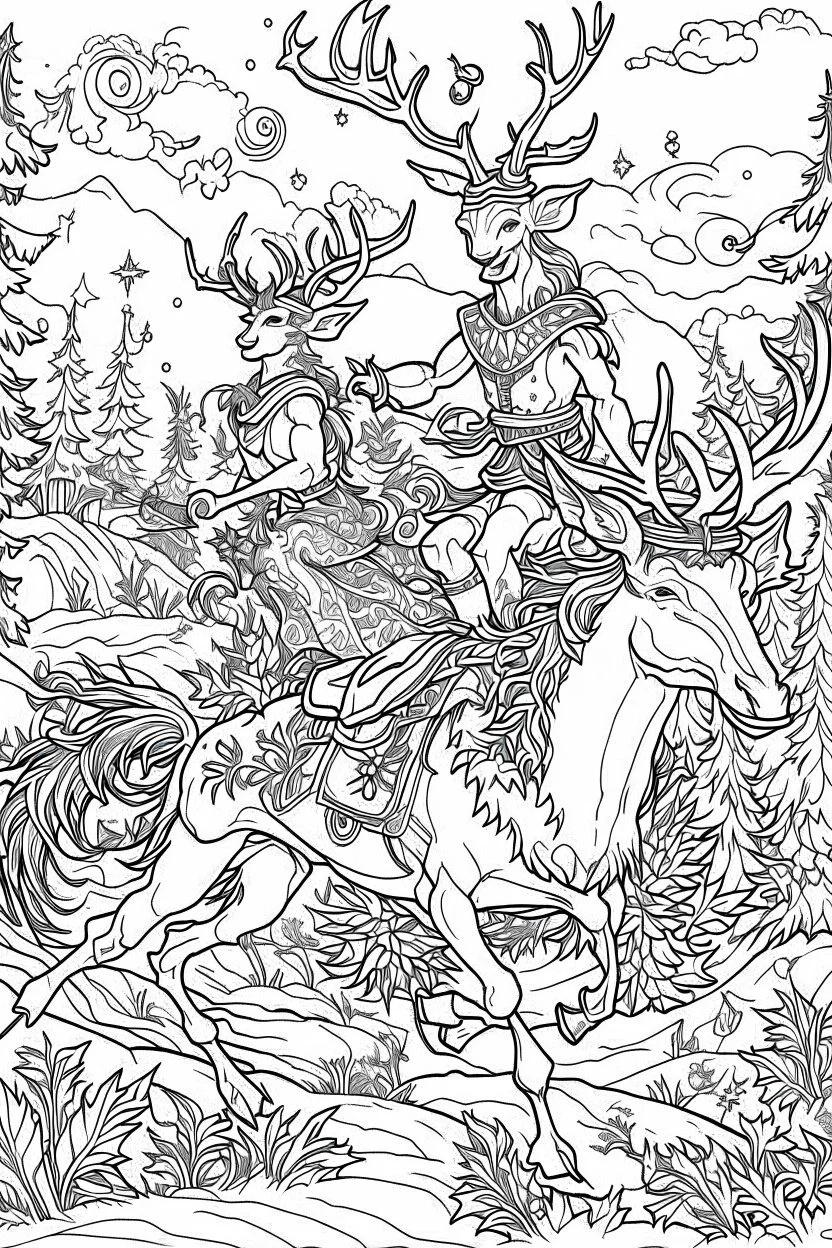 A Christmas theme, a coloring page illustrations, highly detailed, bold ink line sketch drawing of Whimsical elves riding on the back of reindeer, delivering presents in a magical, starlit sky